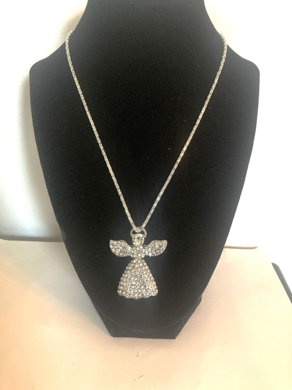Silver Fashion Necklace with  "Angel" With Rhinestones Pendant Necklace